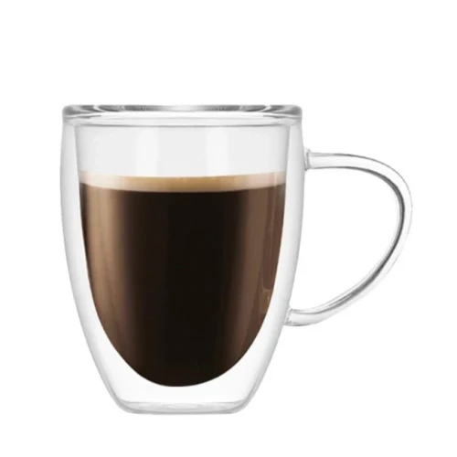 Стъклена двустенна чаша за топли напитки с дръжка