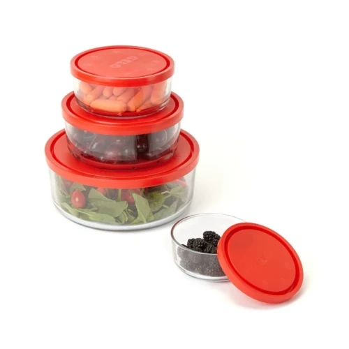 Комплект от 4 стъклени кутии за съхранение с червен капак (244мл / 599мл / 1,1л / 2,4л)
